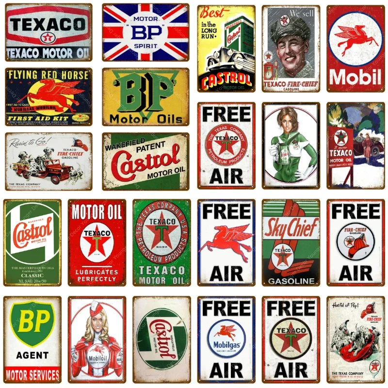 Vintage Collectible Plates - ป้ายโลหะวินเทจ น้ำมันเครื่องเท็กซาโก้ สกายชีฟ คาสตรอล บีพี โปสเตอร์ติดผนัง